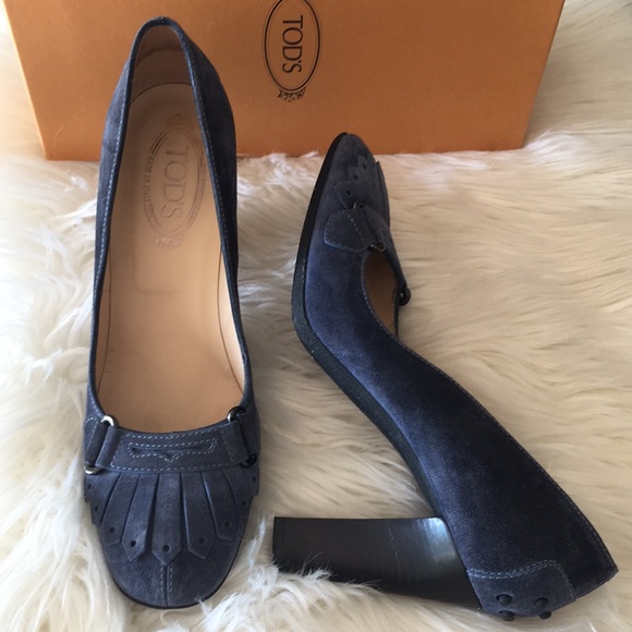 Tod’s Blue Suede Fringe Loafer PumpS Heel